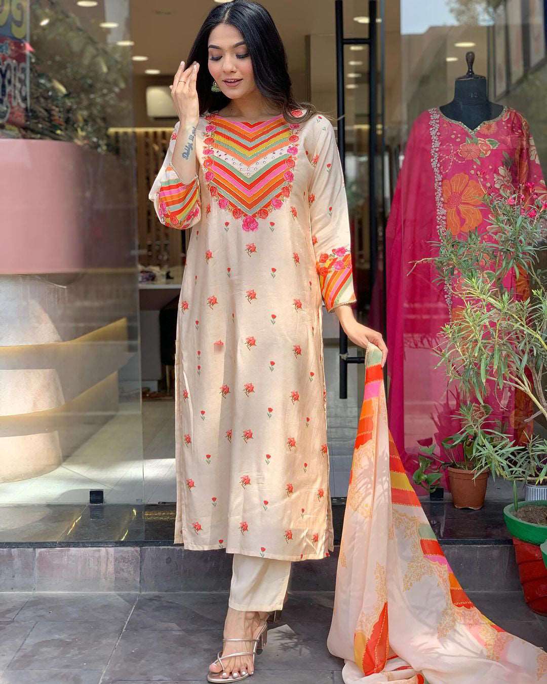 Vibrant Embroidered Kurta and Pant Set with Dupatta